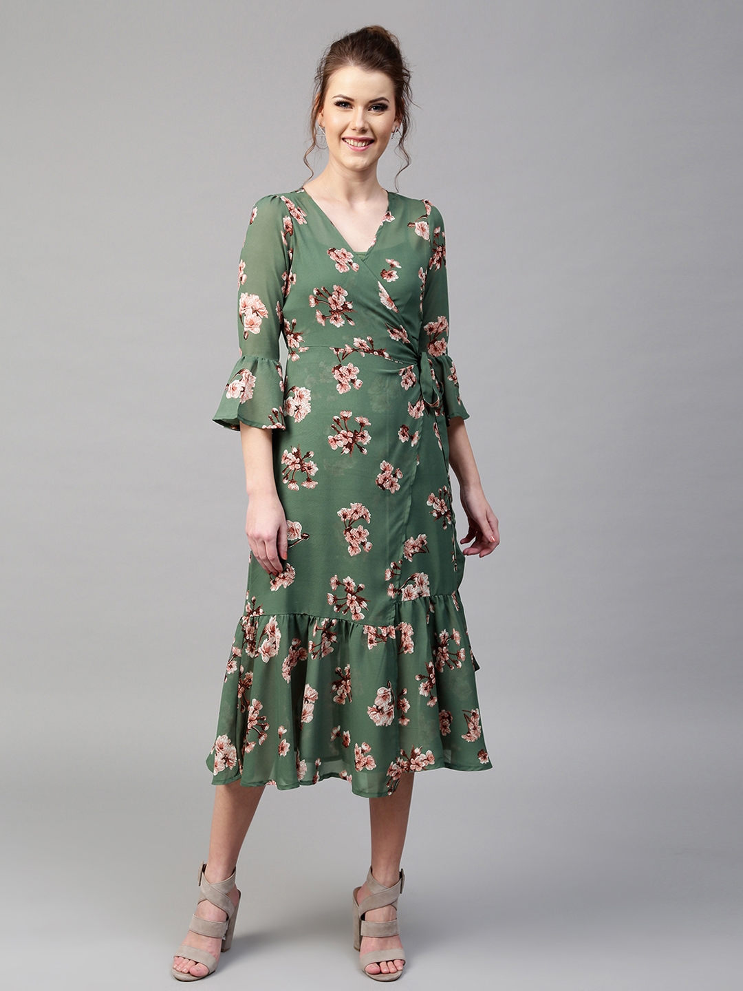 Buy SASSAFRAS Women Green Floral Print Layered Midi Wrap Dress - Dresses  for Women 2472354 | Myntra