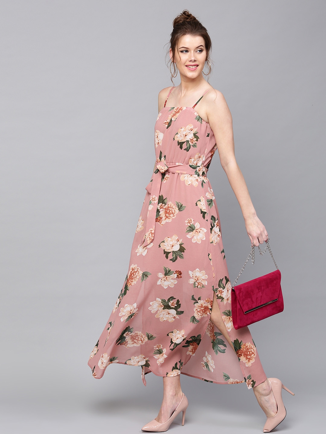 Buy SASSAFRAS Women Dusty Pink Floral Print Belted Maxi Dress ...