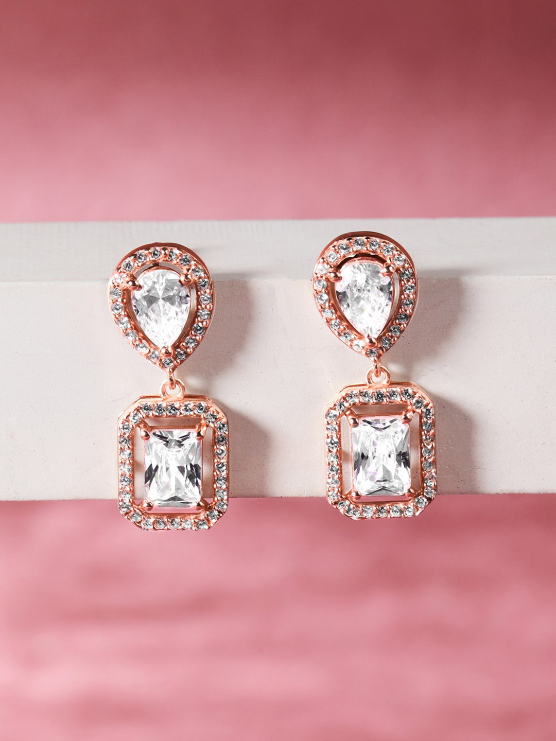 Rubans 925 Sterling Silver Rose Gold Plated Zirconia Studded Contemporary Drop Earrings