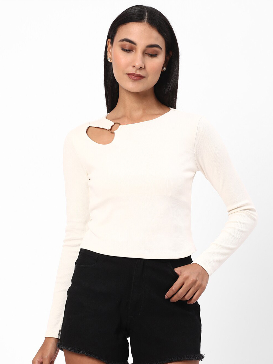 R&B Cut Out Details Long Sleeves Cotton Top