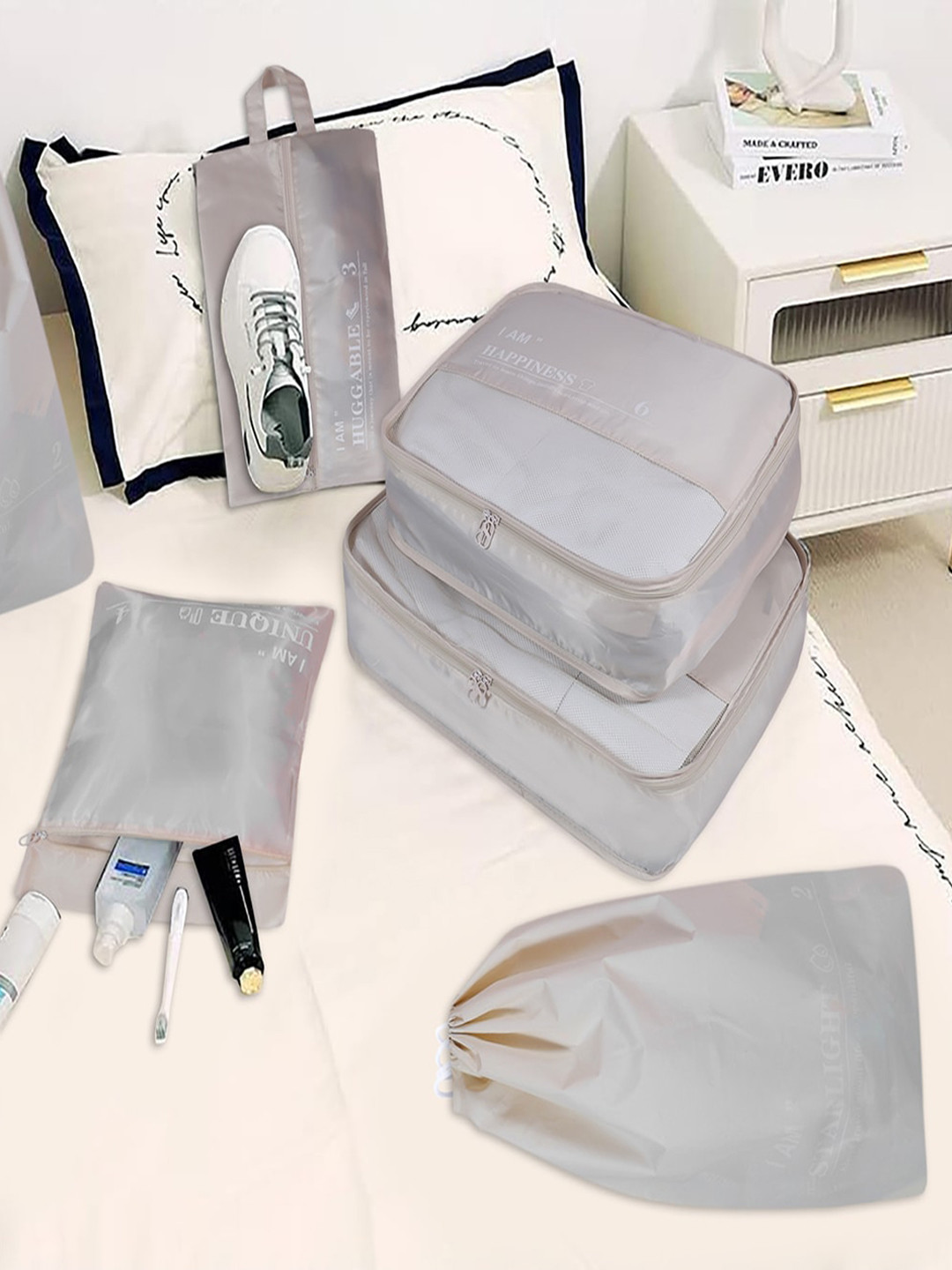 HOUSE OF QUIRK 6-Pcs Beige Water Resistant Packing Cubes Travel Organisers