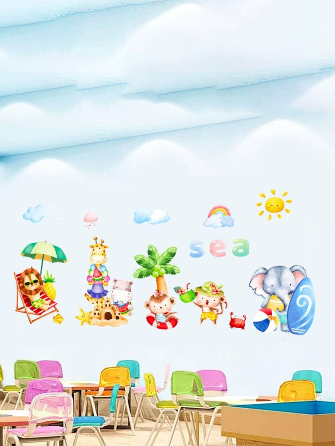 Jaamso Royals Green & Yellow Safari Animals Printed Self Adhesive Wall Sticker