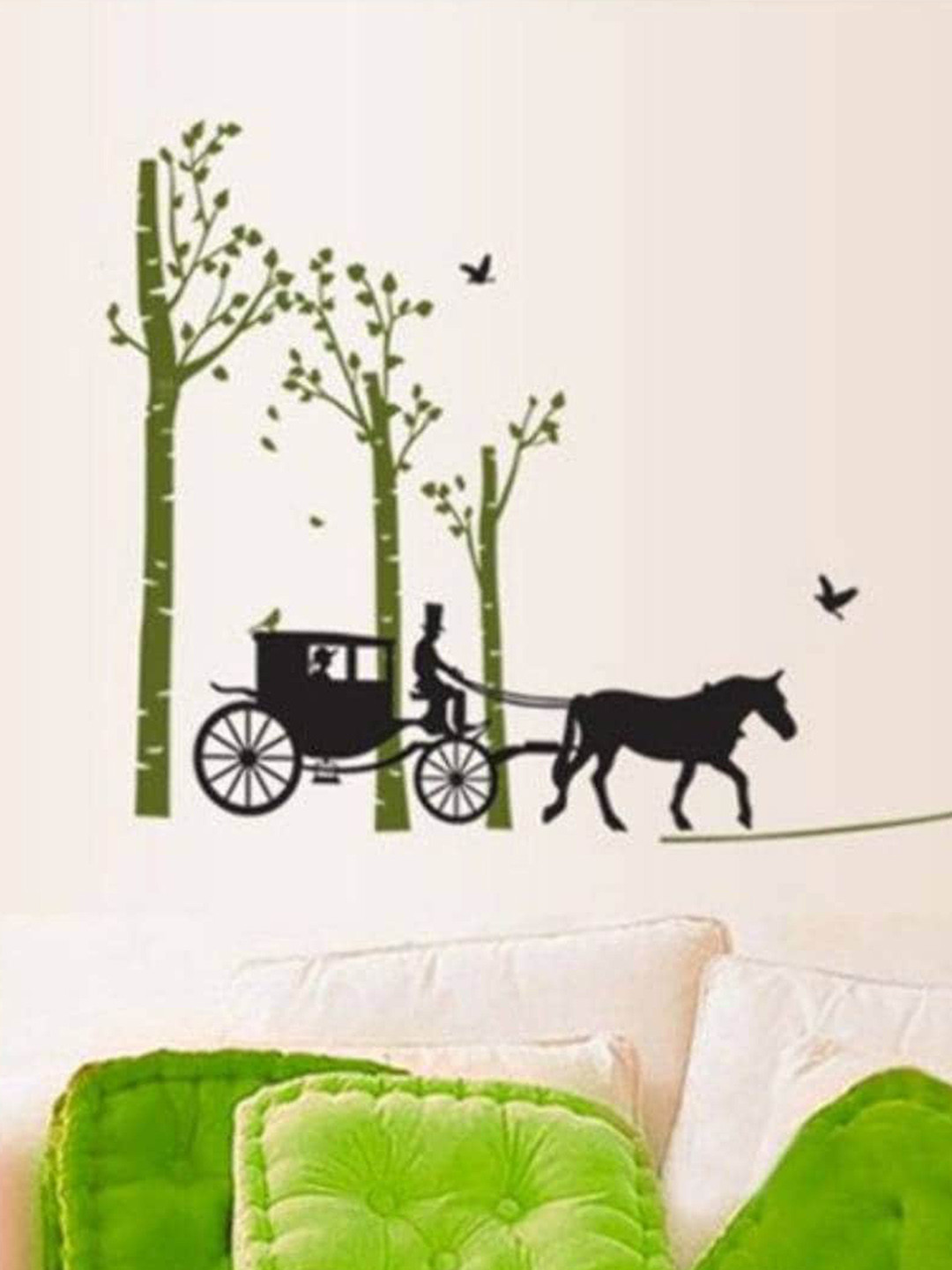 Jaamso Royals Green & Black PVC Removable Horse Car On Road Natural Wall Sticker
