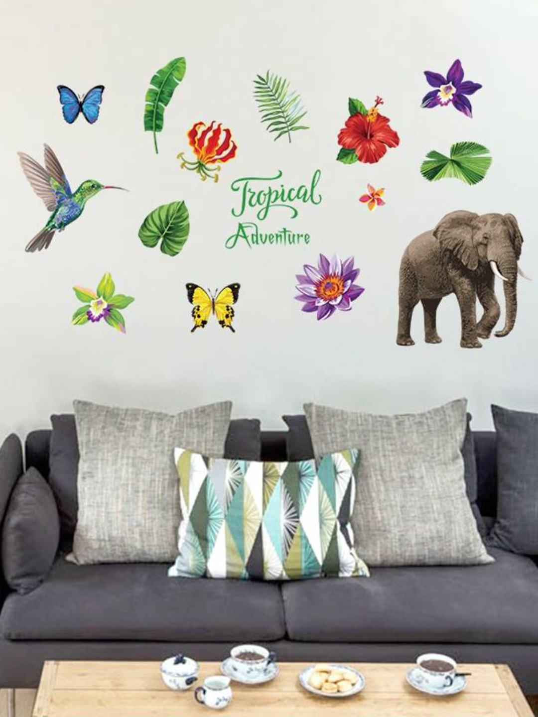 Jaamso Royals Green & Purple Tropical Adventure Printed Self Adhesive Wall Sticker