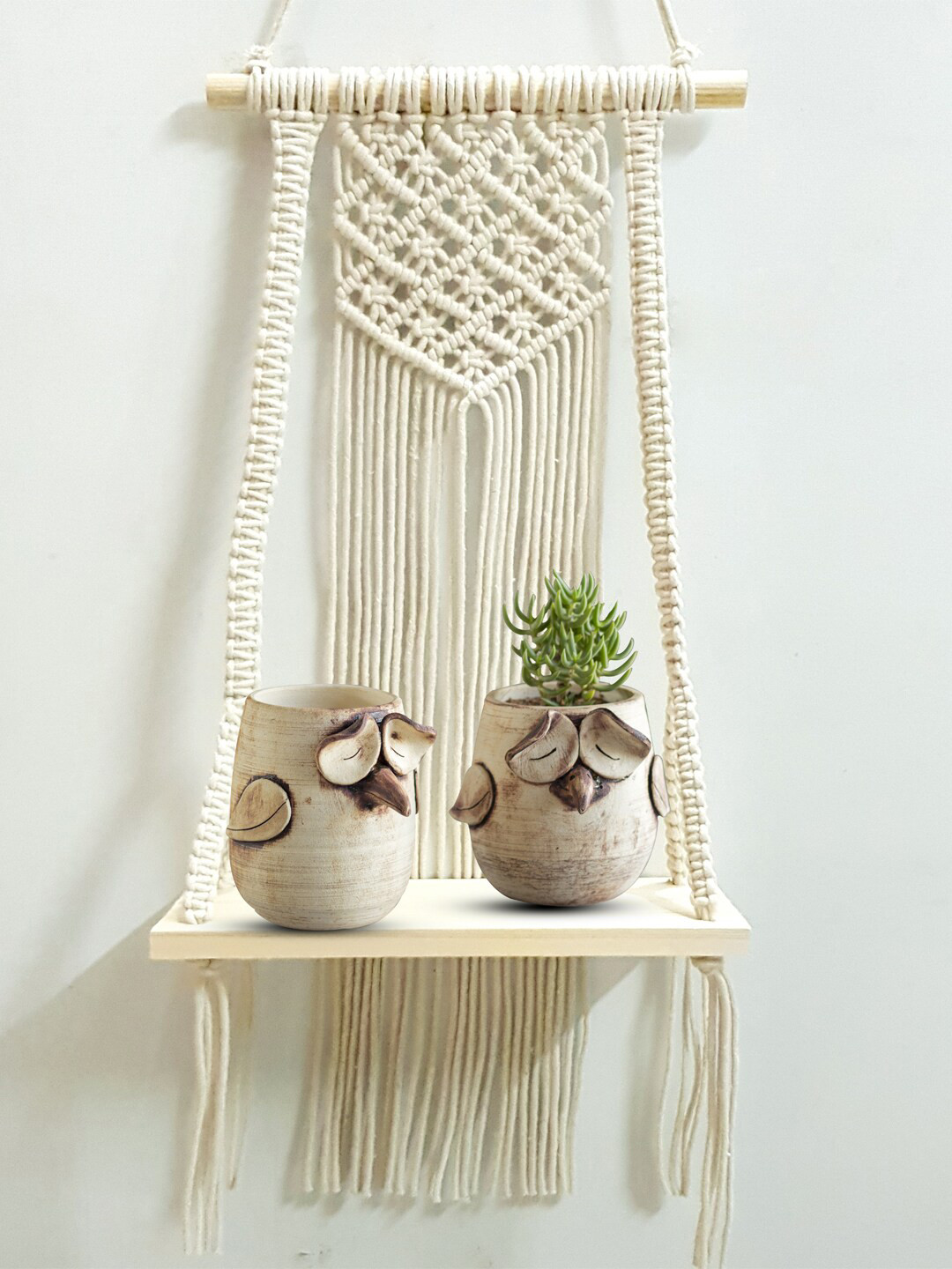 Decazone Beige Wood Macrame Wall Shelf
