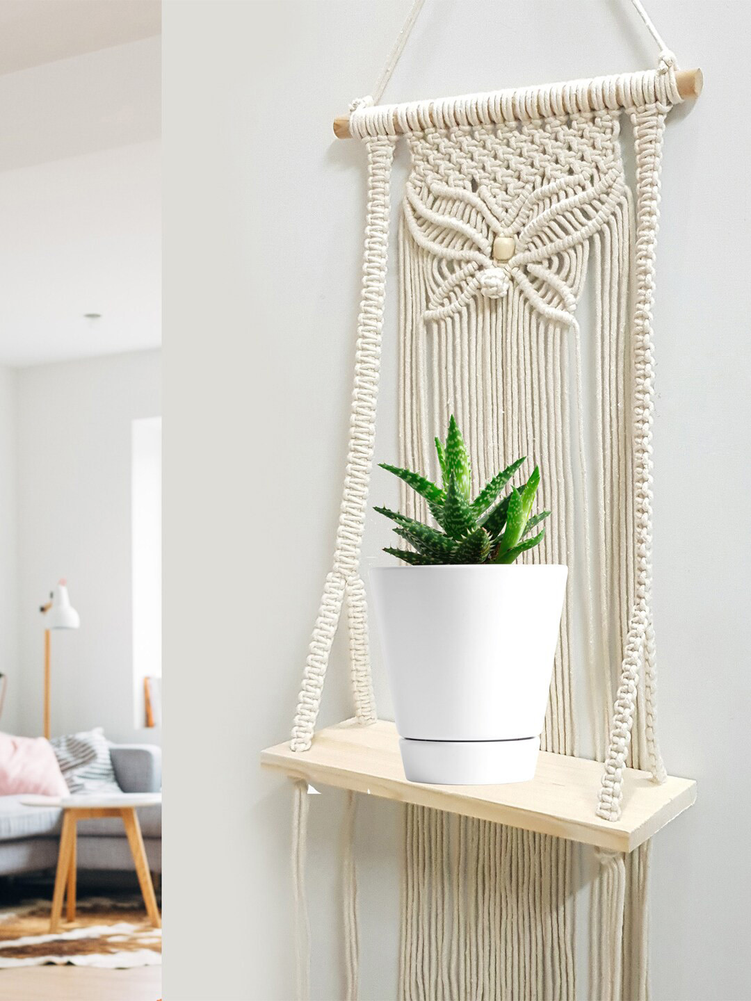 Decazone Beige Wood Cotton Macrame Wall Shelf