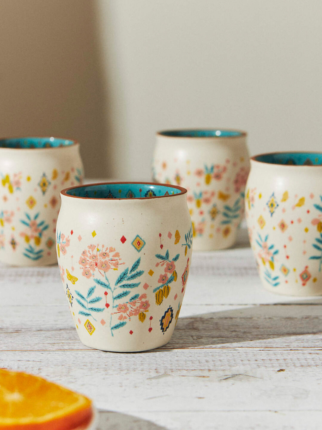 Chumbak Cream Floral Ceramic Microwave Safe 4 Piece Kulhad-200ml