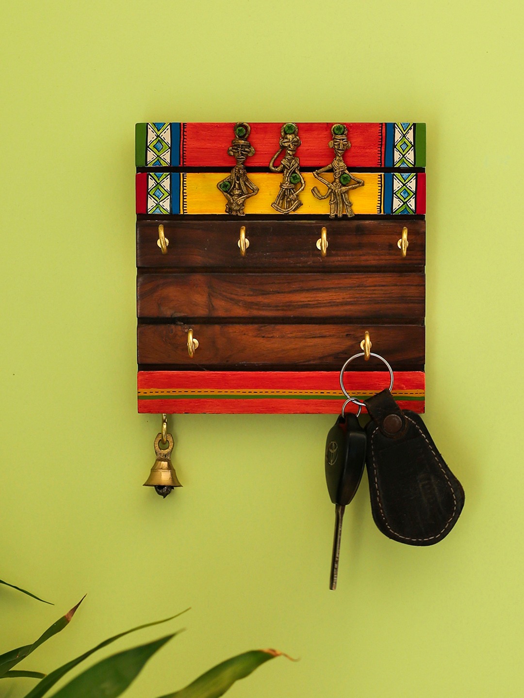 ExclusiveLane Brown Tribal Borders Warli Hand-Painted Dhokra Sheesham Wooden Key Holders