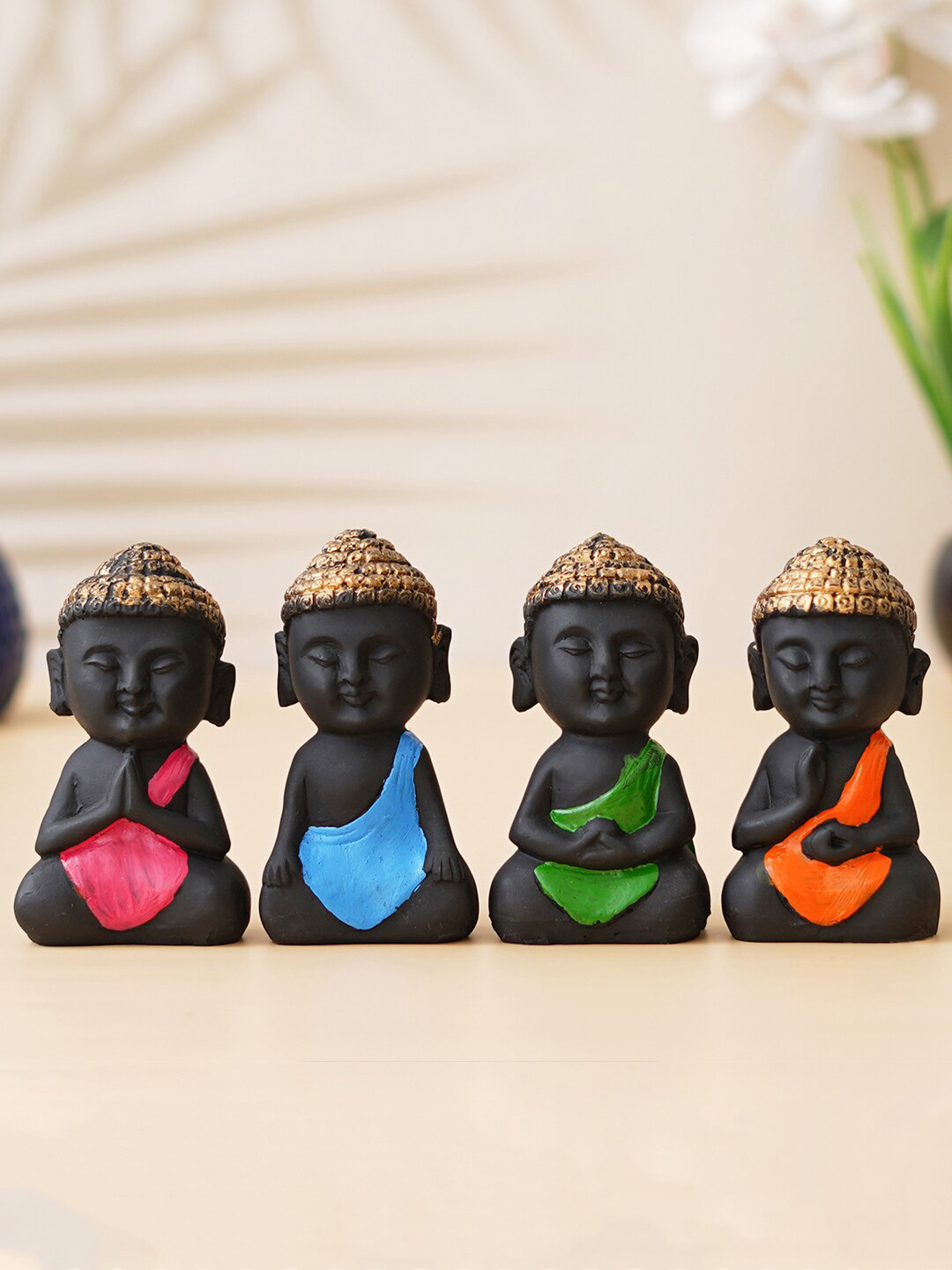 eCraftIndia Little Monk Buddha Black Polyresin Matte Prayer Room Hand-Crafted Set of 4 Medium Showpieces - 3.9 Inches