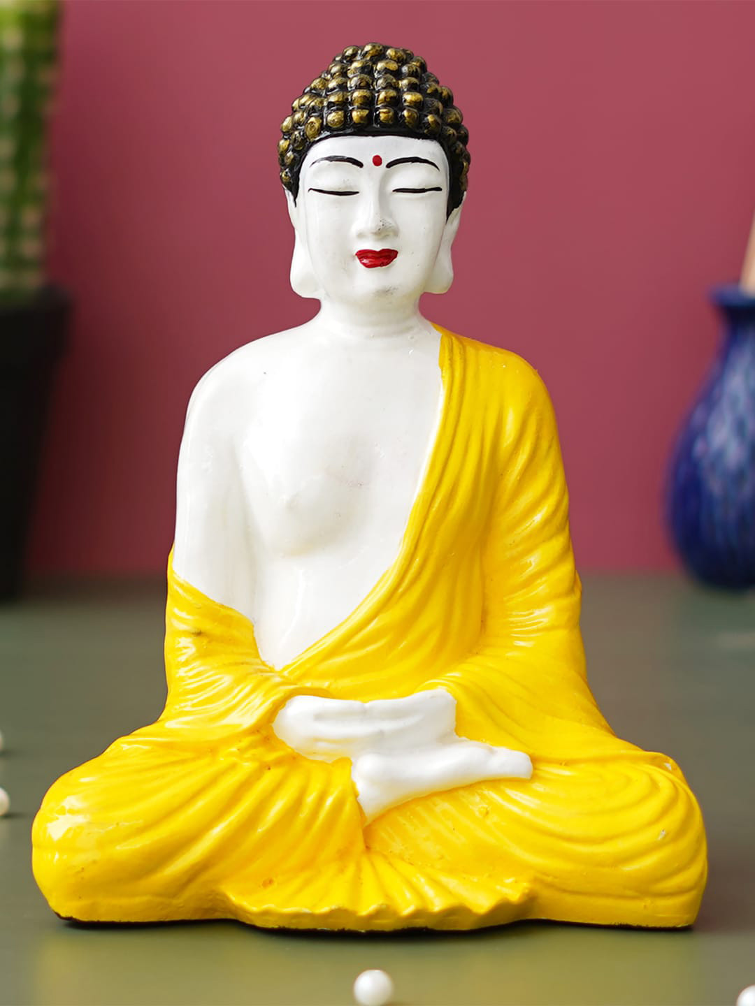eCraftIndia Meditating Buddha Yellow Polyresin Matte Living Room Hand-Crafted Medium Showpiece - 7.9 Inches