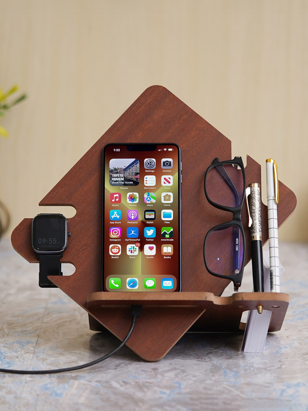 eCraftIndia Brown Bhai Multi Utility Wooden Desk Organizer
