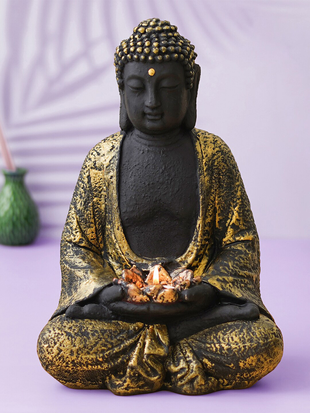 eCraftIndia Meditating Buddha with Lotus Flower in Hands Black Polyresin Matte Prayer Room Lights Medium Showpiece - 13.4 Inches