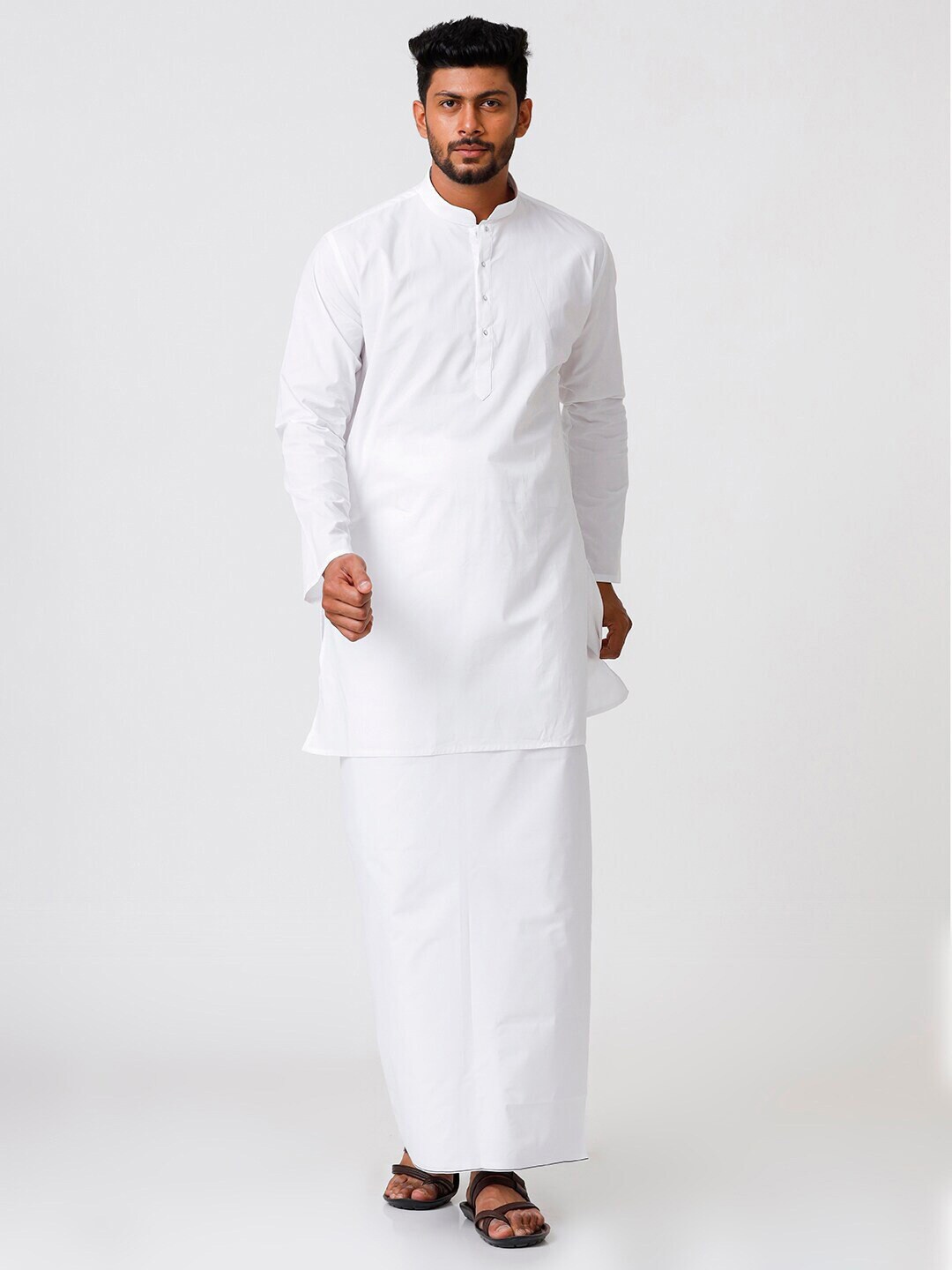 Ramraj Mandarin Collar Long Sleeves Pure Cotton Kurta With Veshti