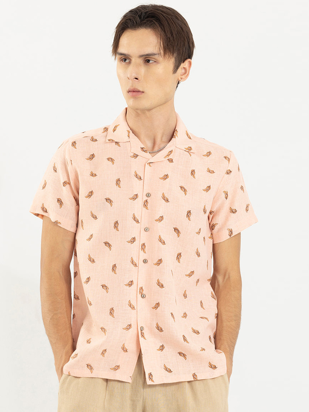 Snitch Peach-Coloured Classic Boxy Conversational Printed Pure Cotton Casual Shirt