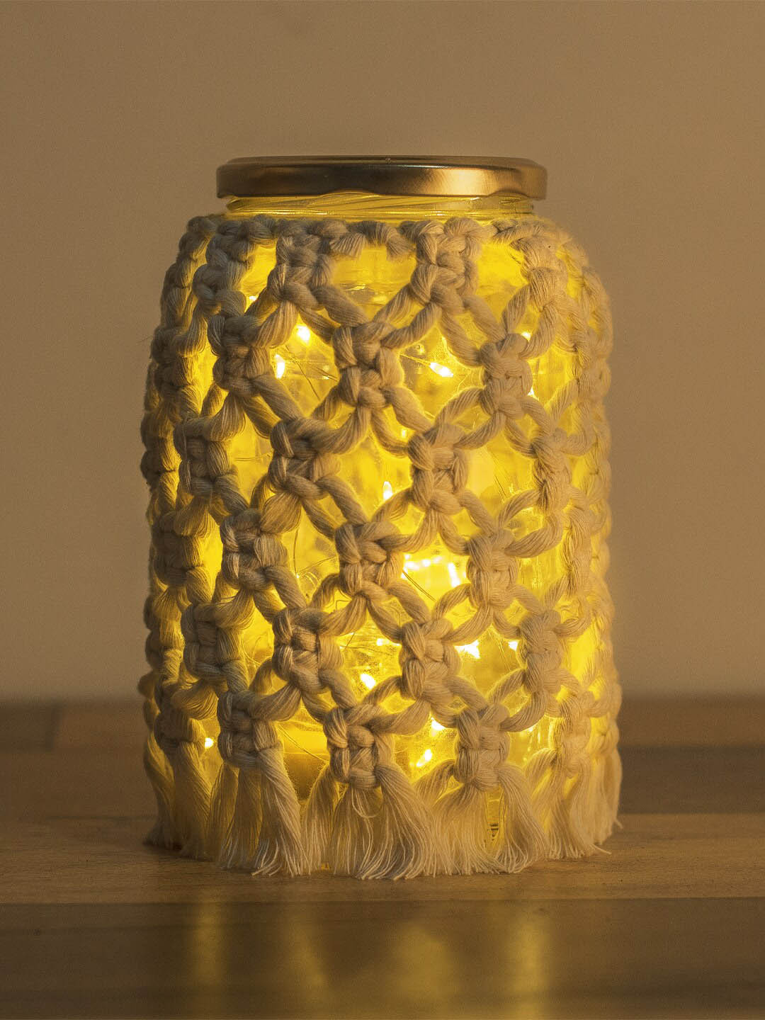 Decazone Beige Pure Cotton Macrame Cover with Glass Jar Ropes for Bohemian Table