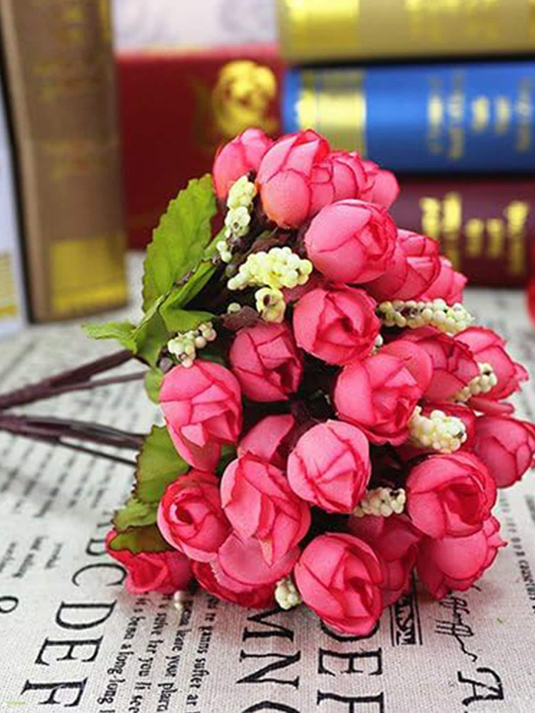 Homesake Red & Green 4 Pieces UV-Resistant Faux Rose Flower