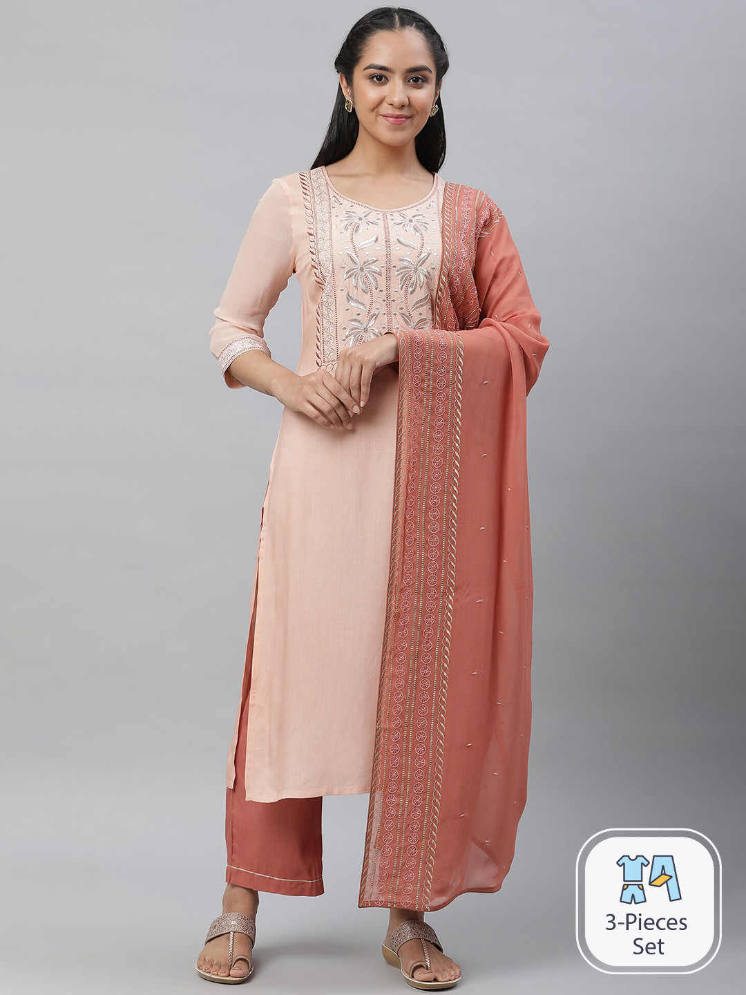 AURELIA Ethnic Motifs Embroidered Regular Kurta With Palazzos & Dupatta