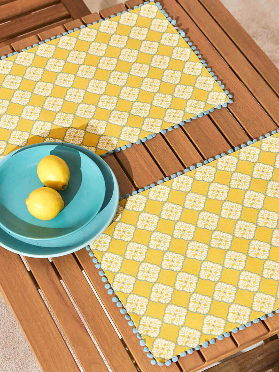 Chumbak Yellow 2 Pieces Printed Pure Cotton Pixel Jaal Placemats