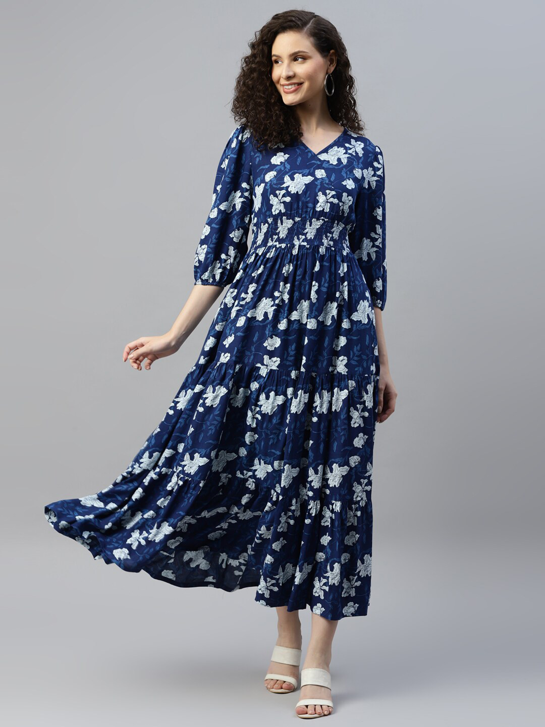 DEEBACO Floral Printed Smocked V-Neck Tiered Puff Sleeve Fit & Flare Dress