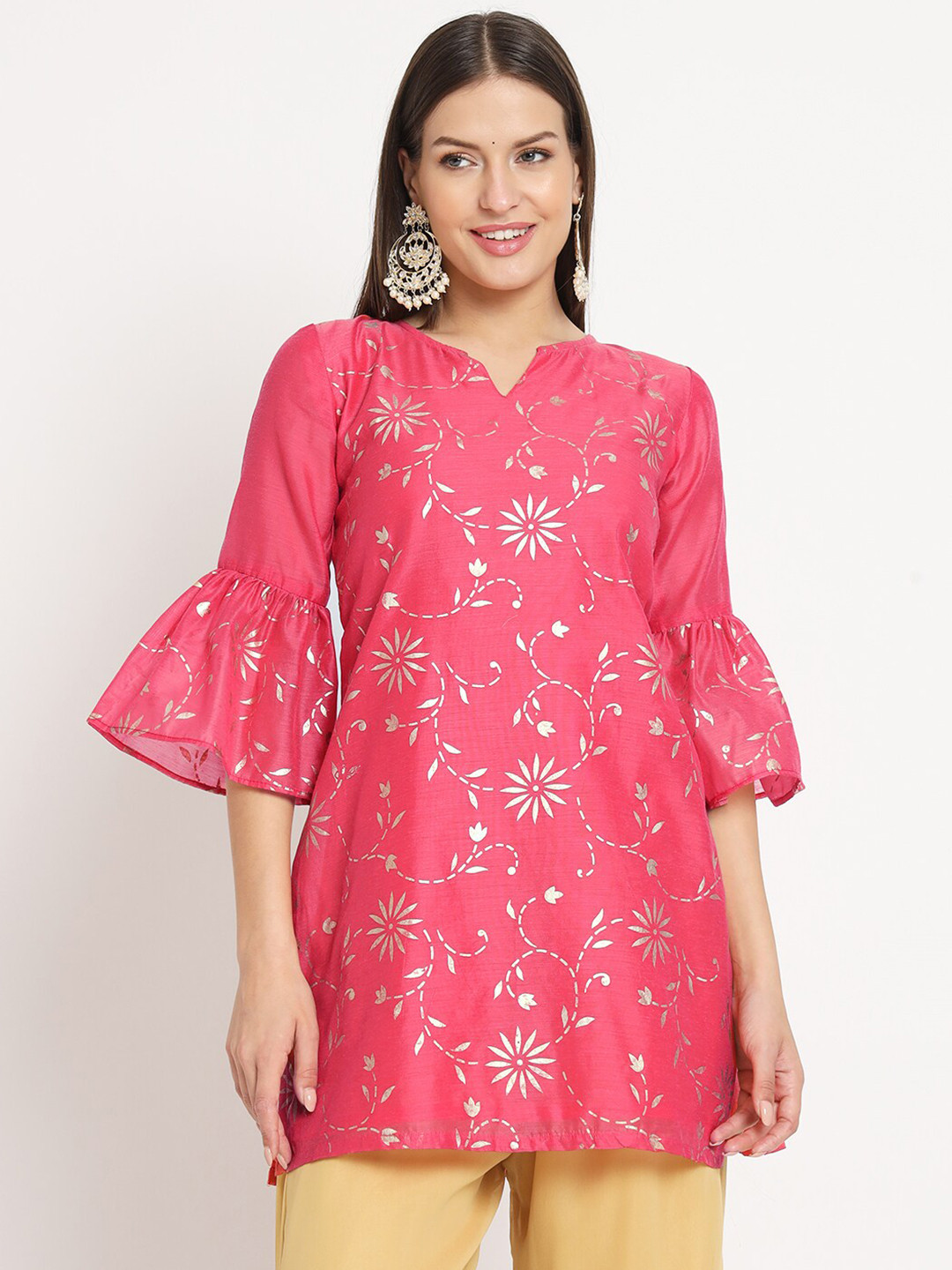 studio rasa Floral Printed Chanderi Silk Straight Kurti
