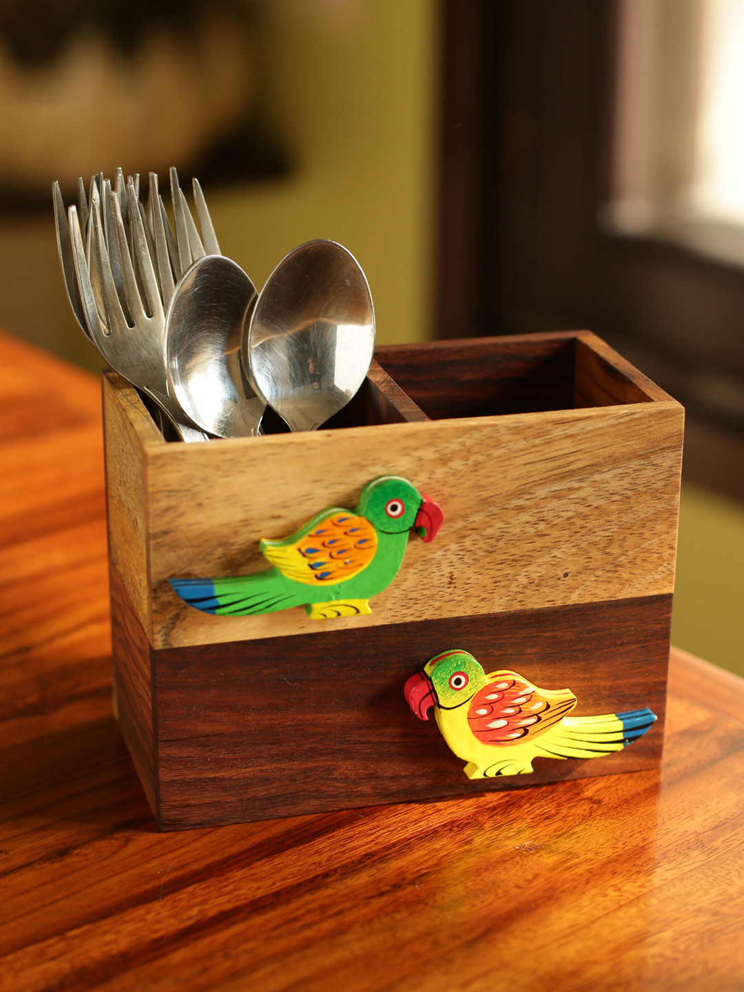 ExclusiveLane Birds Of A Feather Sheesham Wooden Cutlery Cum Napkin Holder
