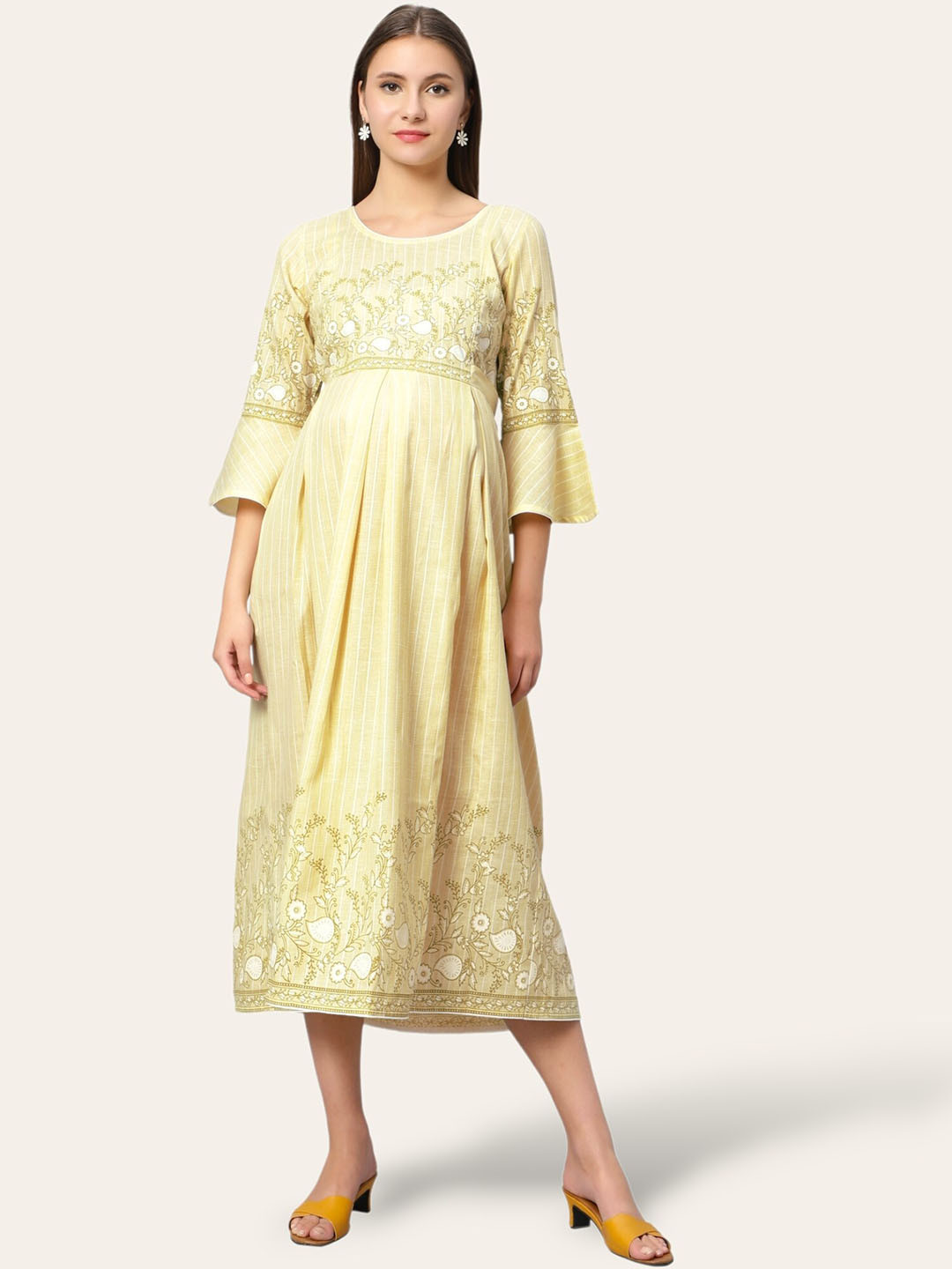 True Shape Floral Print Bell Sleeve Maternity Feeding Fit & Flare Midi Dress