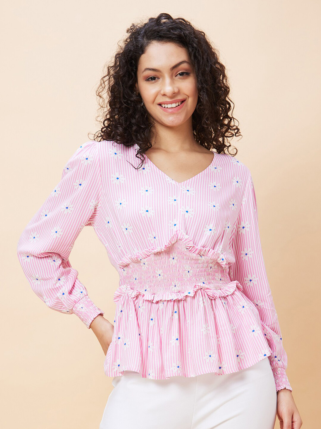 Globus Striped Smocked Cuffed Sleeves Cinched Waist Top