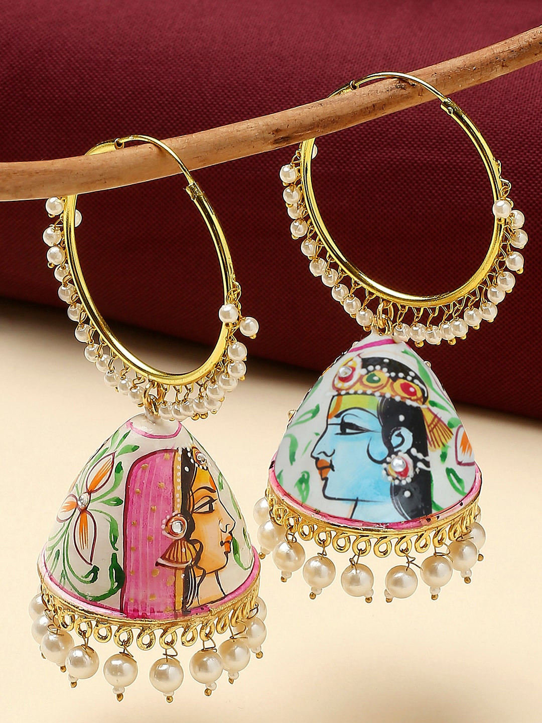 OOMPH Radha Krishna Design Dome Shaped Beaded Jhumkas
