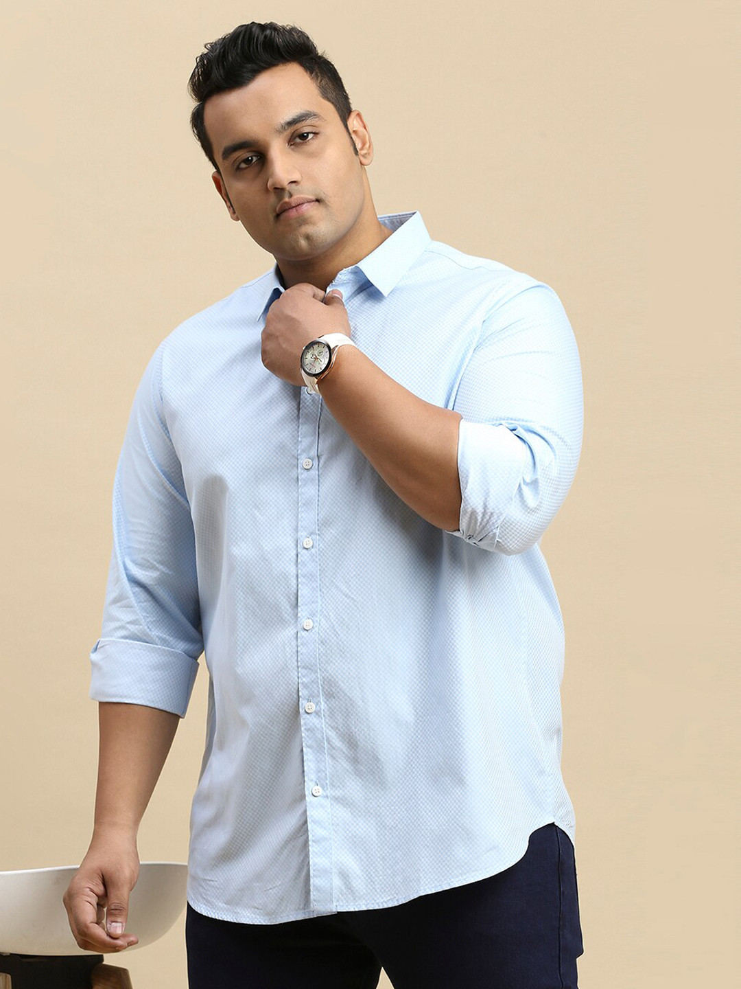 Sztori Plus Size Textured Cotton Classic Opaque Casual Shirt