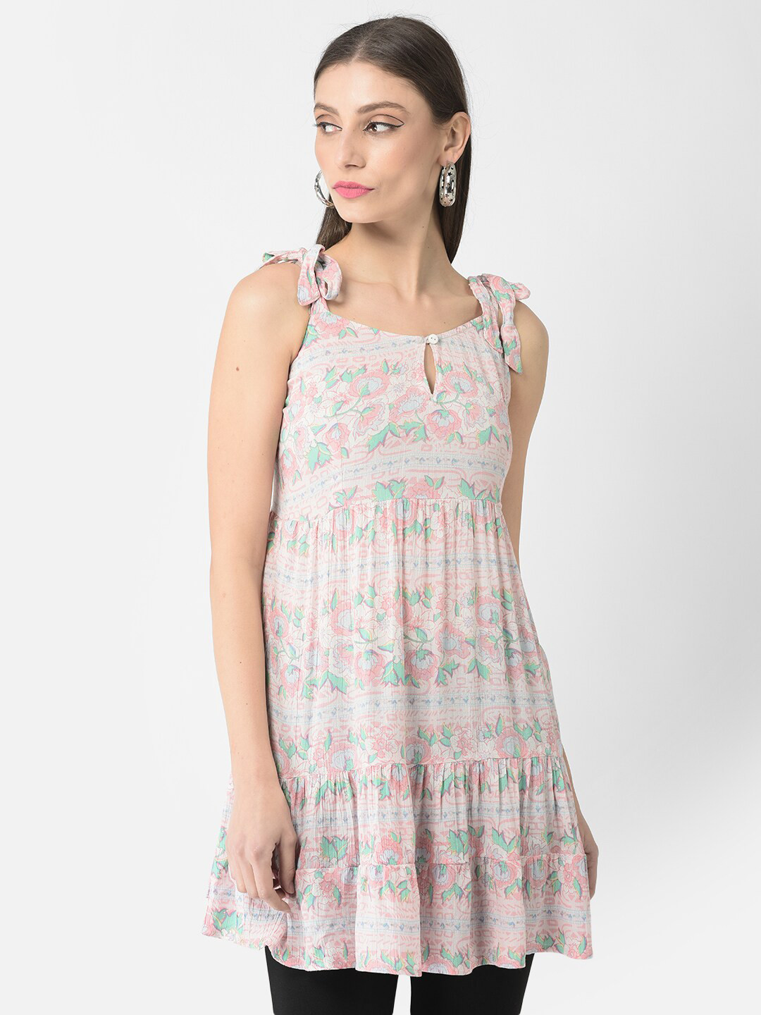 VELDRESS Floral Printed Keyhole Neck Shoulder Straps Pleated Tiered A-Line Top