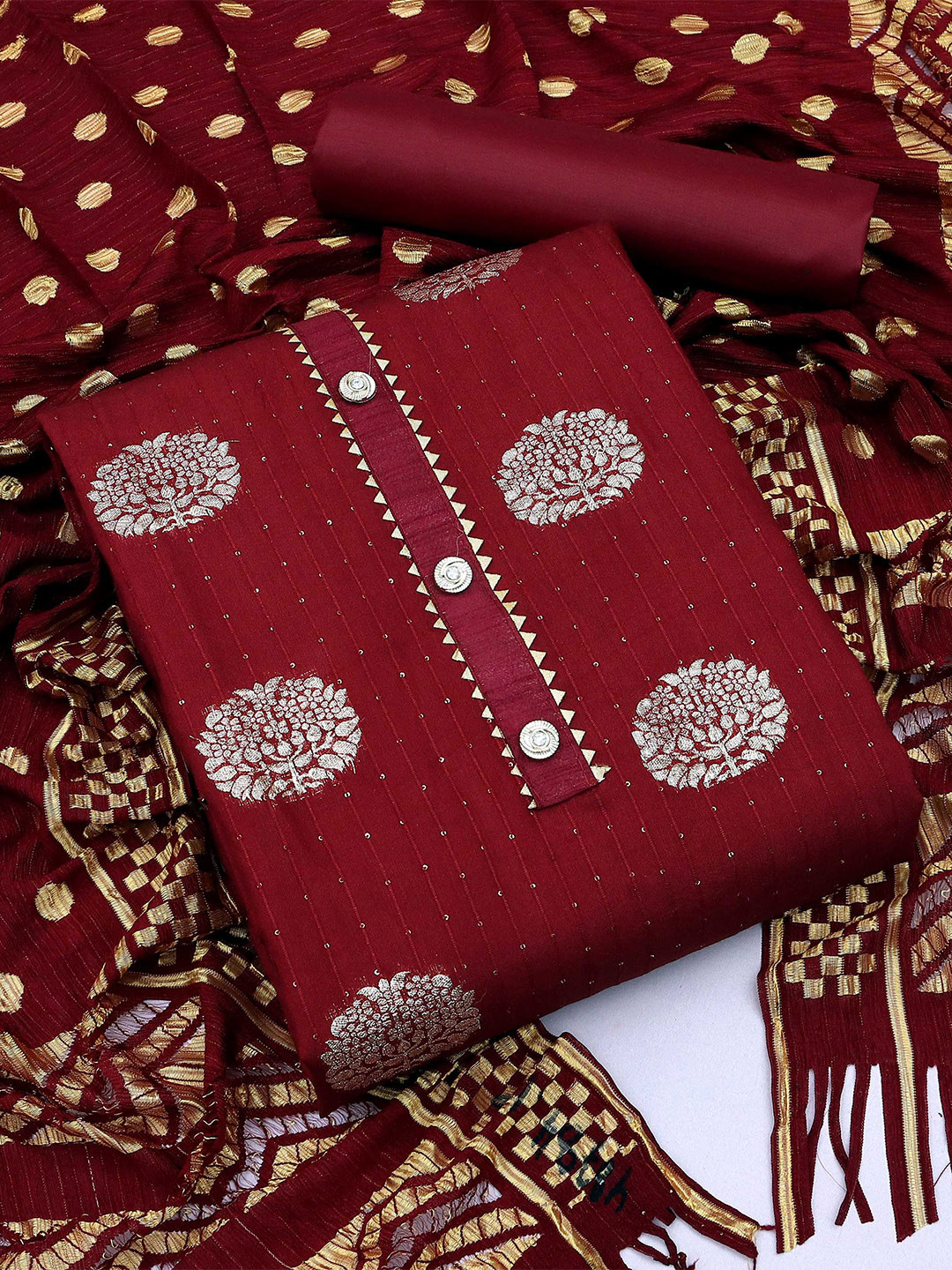 SHADOW & SAINING Floral Woven Design Sequinned Unstitched Dress Material