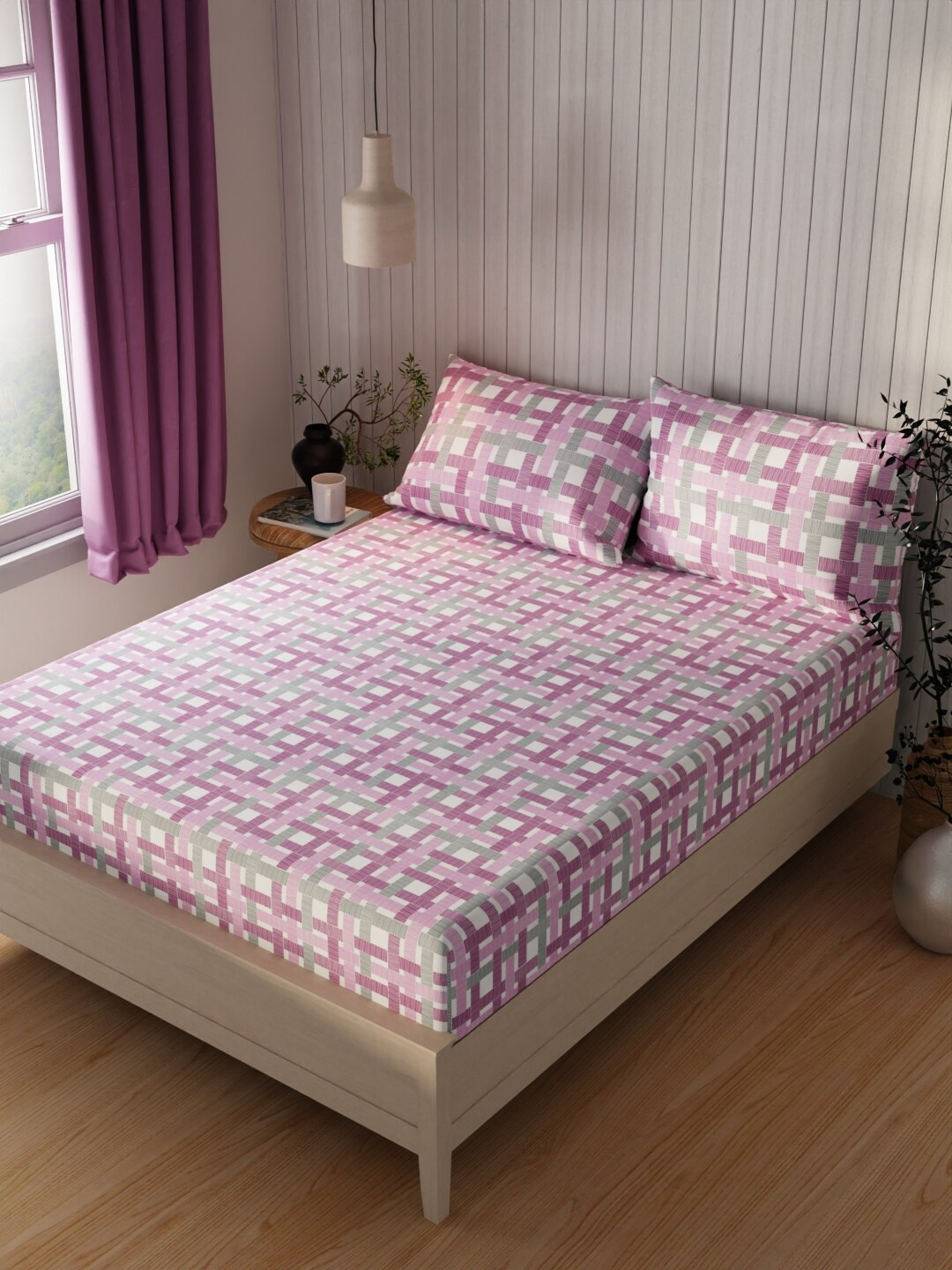 KOPA Lopez Purple Geometric Cotton Wrinkle Free 120 TC Queen Bedsheet with 2 Pillow Covers-88 x 96 inches