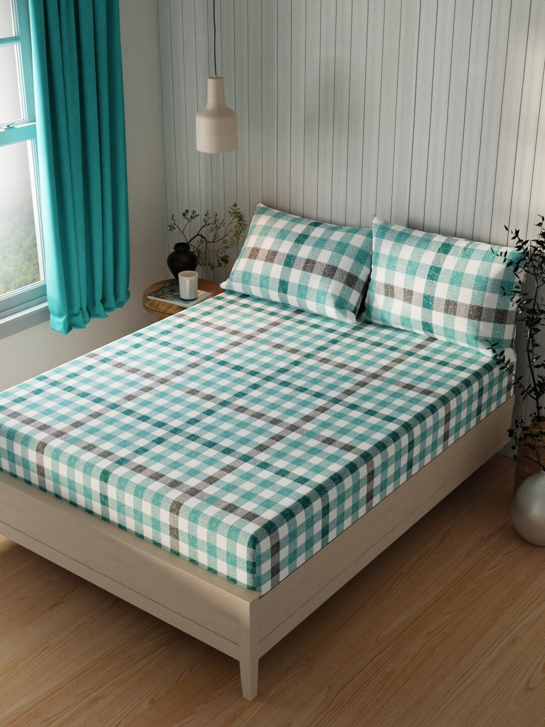 KOPA Teal Checked Cotton Wrinkle Free 120 TC Queen Bedsheet with 2 Pillow Covers-224 x 244 cm