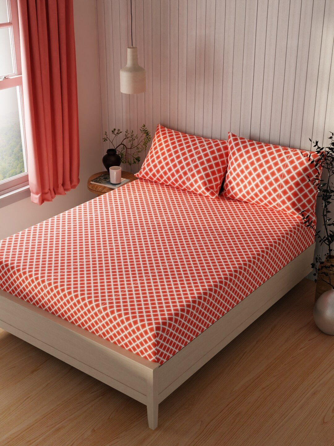 KOPA Red & White Geometric Cotton  120 TC Queen Bedsheet with 2 Pillow Covers