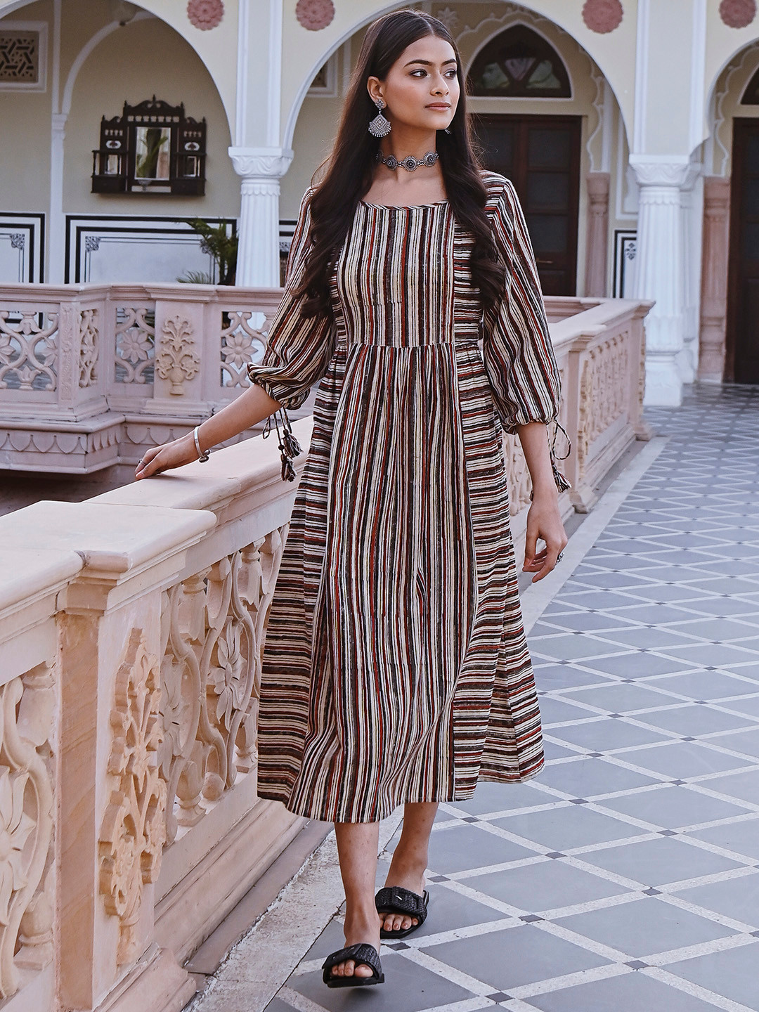 SAVI Rust Striped Puff Sleeves Pure Cotton A-Line Midi Dress