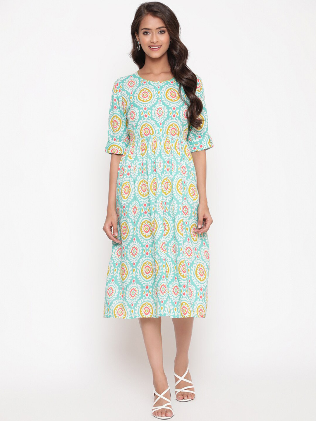 SAVI Green Ethnic Motifs Printed A-Line Midi Dress