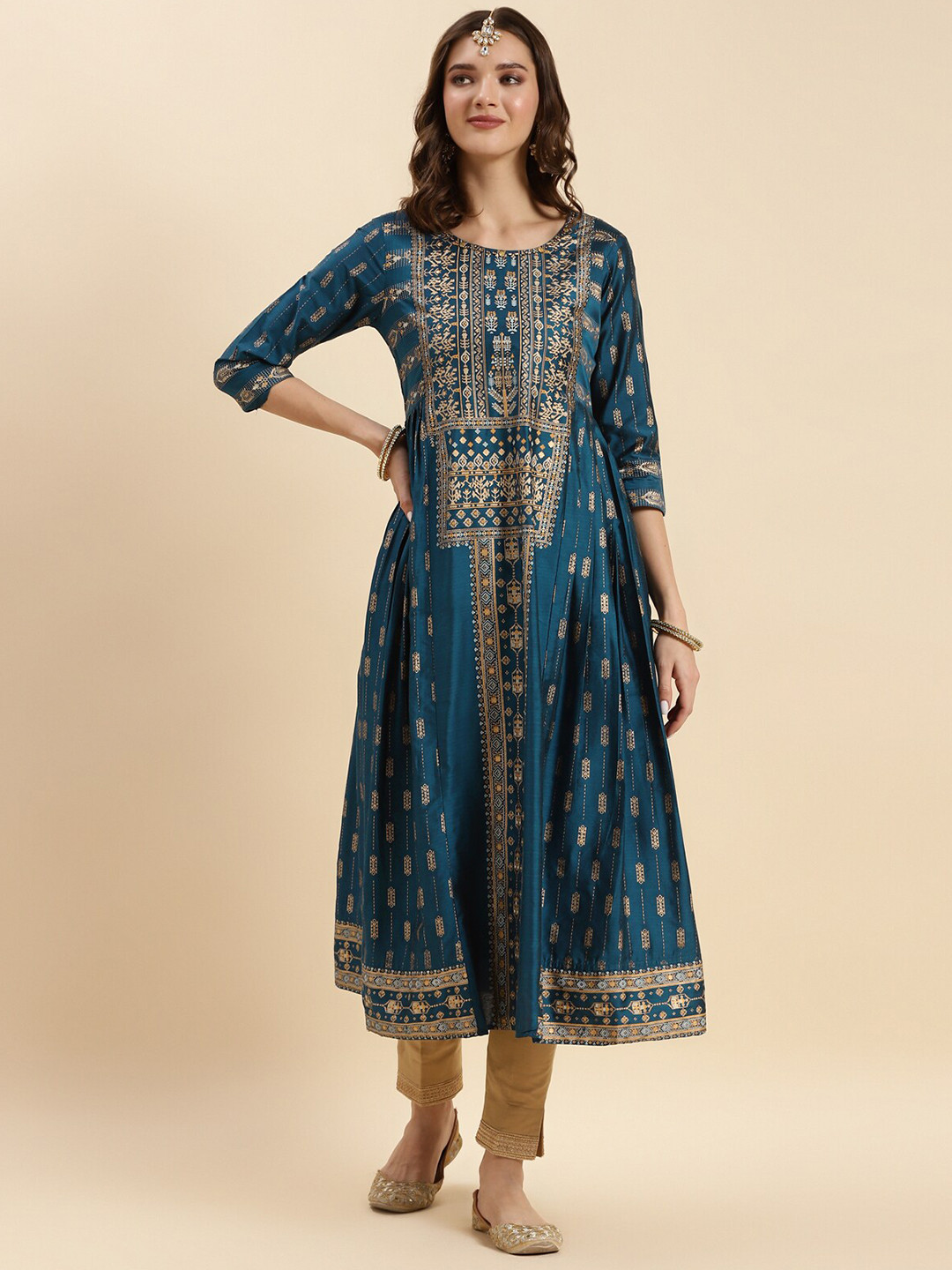 Rangita Ethnic Motifs Printed Beads Detail Chanderi Silk Anarkali Kurta