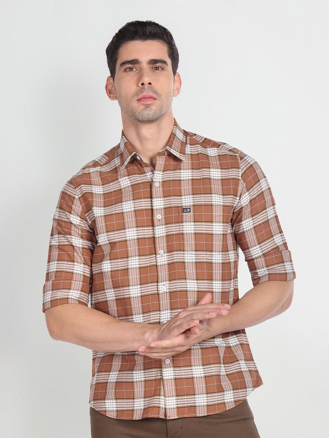 Arrow Sport Spread Collar Manhattan Slim Fit Checked Casual Pure Cotton Shirt