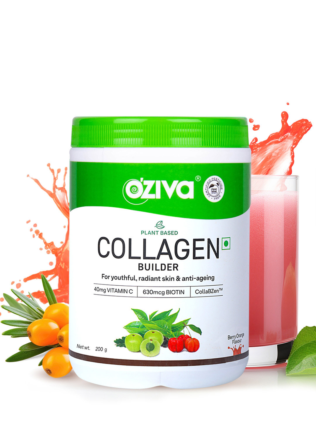 OZiva Plant Based Collagen Builder for Brighter & Youthful Skin Tone- Berry Orange - 200 g