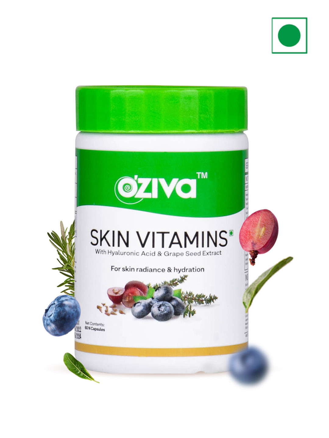 OZiva Skin Vitamins with Hyaluronic Acid & Grape Seed Extract - 60 Capsules