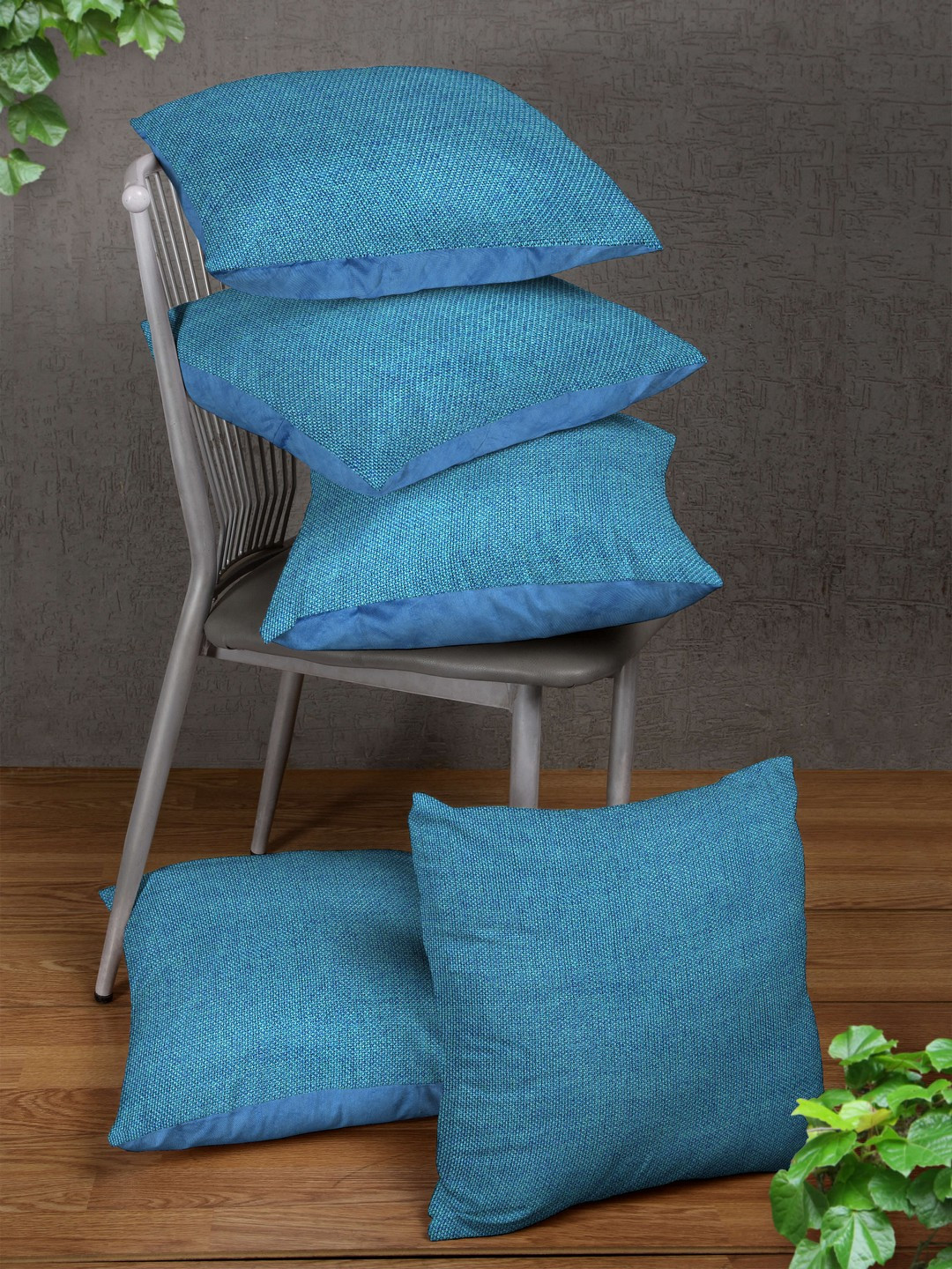 ROMEE Blue Jute Washable 5 Piece Square Cushion Covers - 16 x 16 Inches