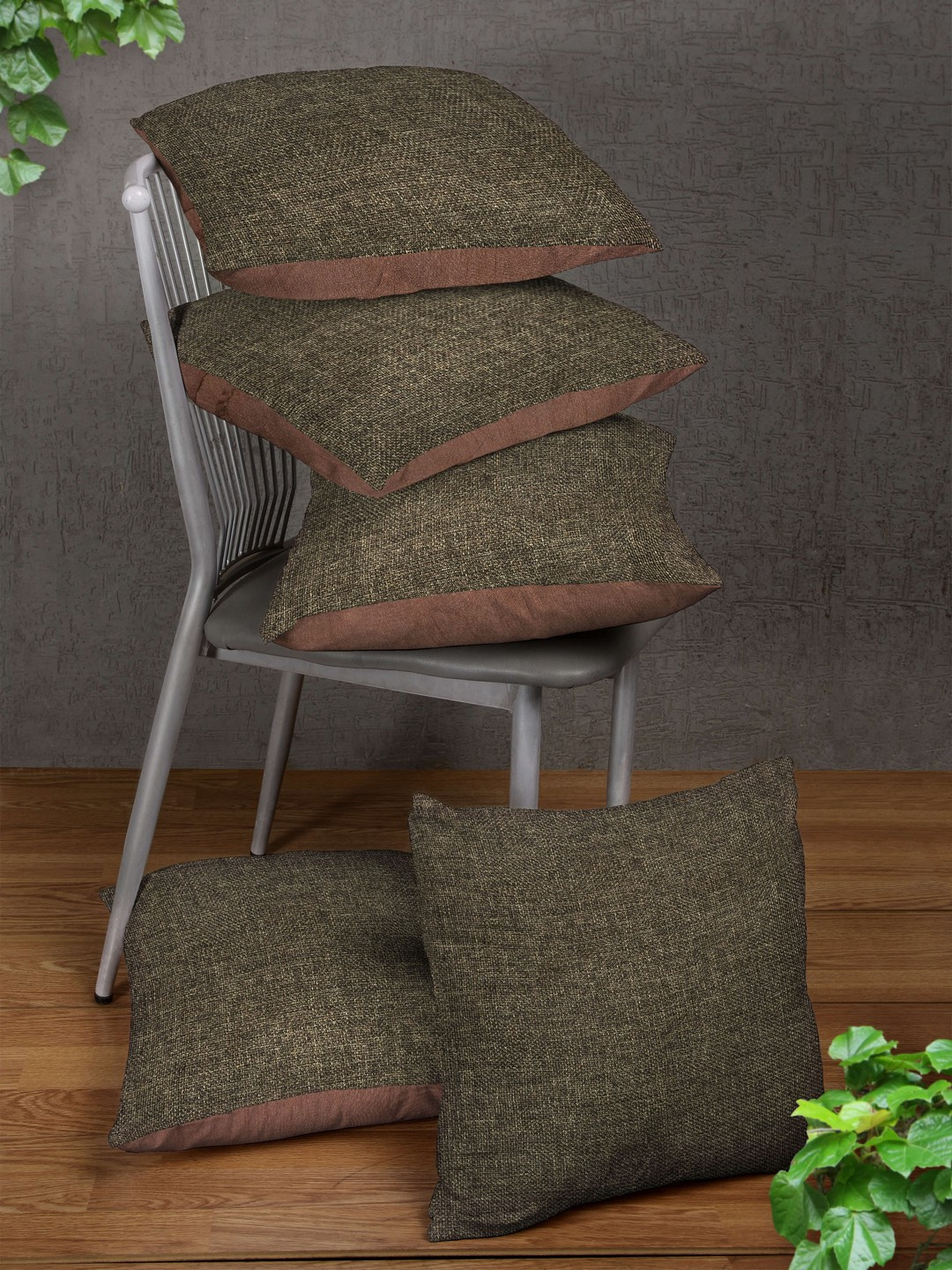 ROMEE Brown Jute Washable 5 Piece Square Cushion Covers -16x16In