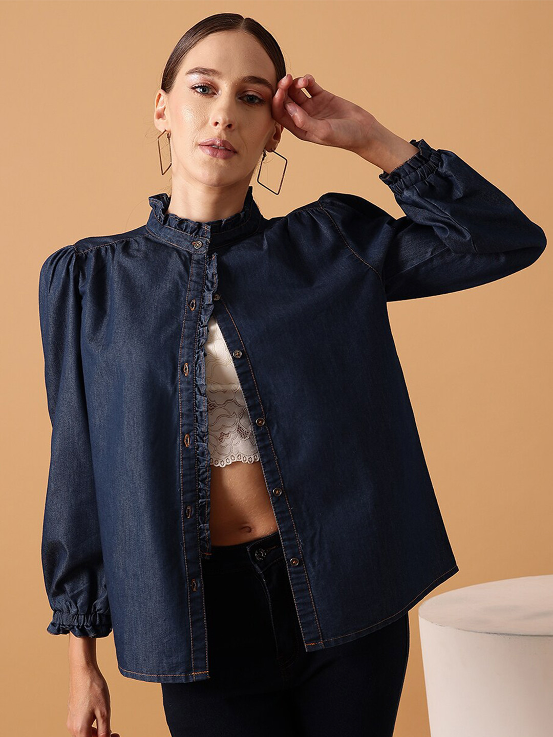 STREET 9 Band Collar Puff Sleeve Denim Casual Regular Fit Shirt