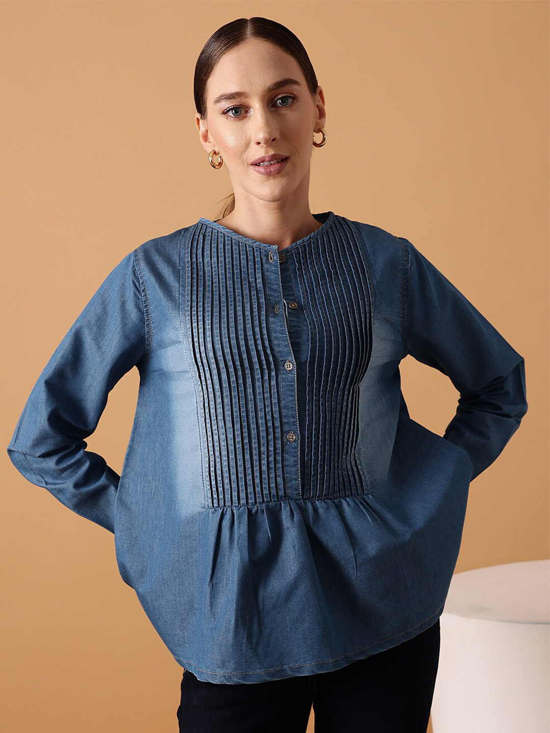 STREET 9 Pin Tucked Cotton Denim Top