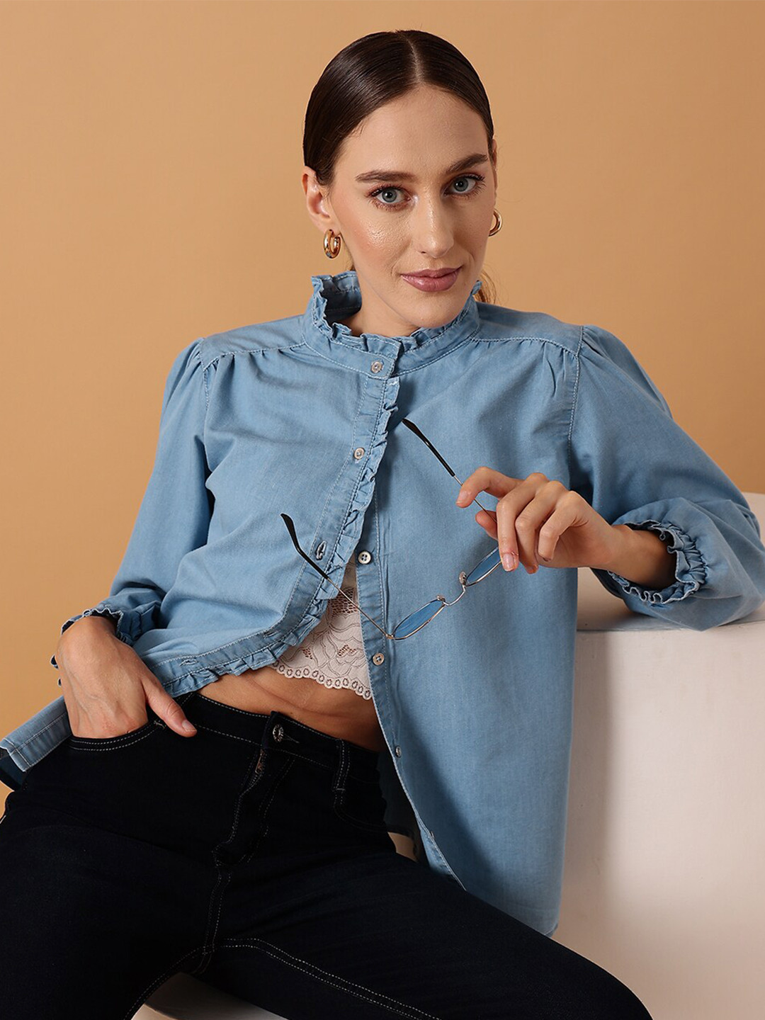 STREET 9 Comfort Denim Cotton Puff Sleeves Casual Regular Fit Shirt