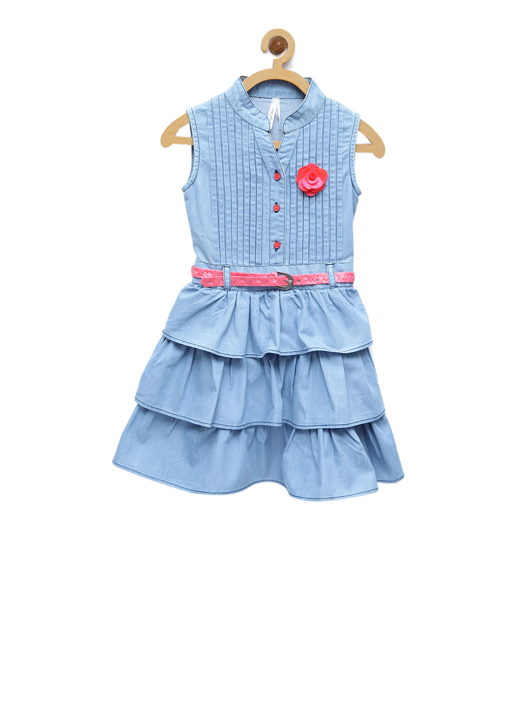 StyleStone Girls Blue Solid Fit and Flare Denim Dress