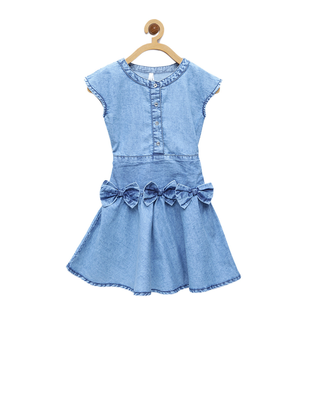 StyleStone Girls Blue Solid Fit and Flare Denim Dress