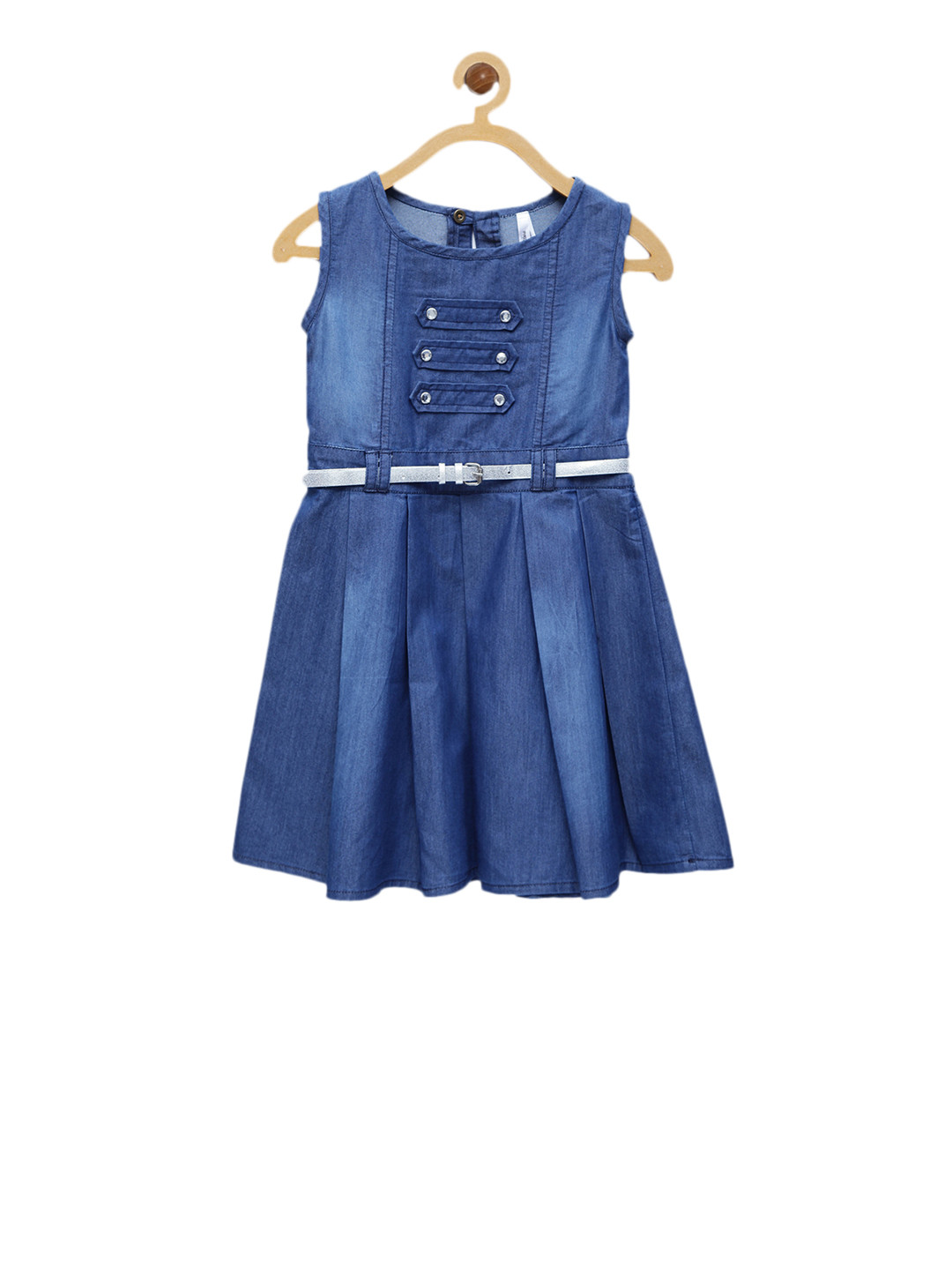 StyleStone Girls Blue Solid Fit and Flare Denim Dress