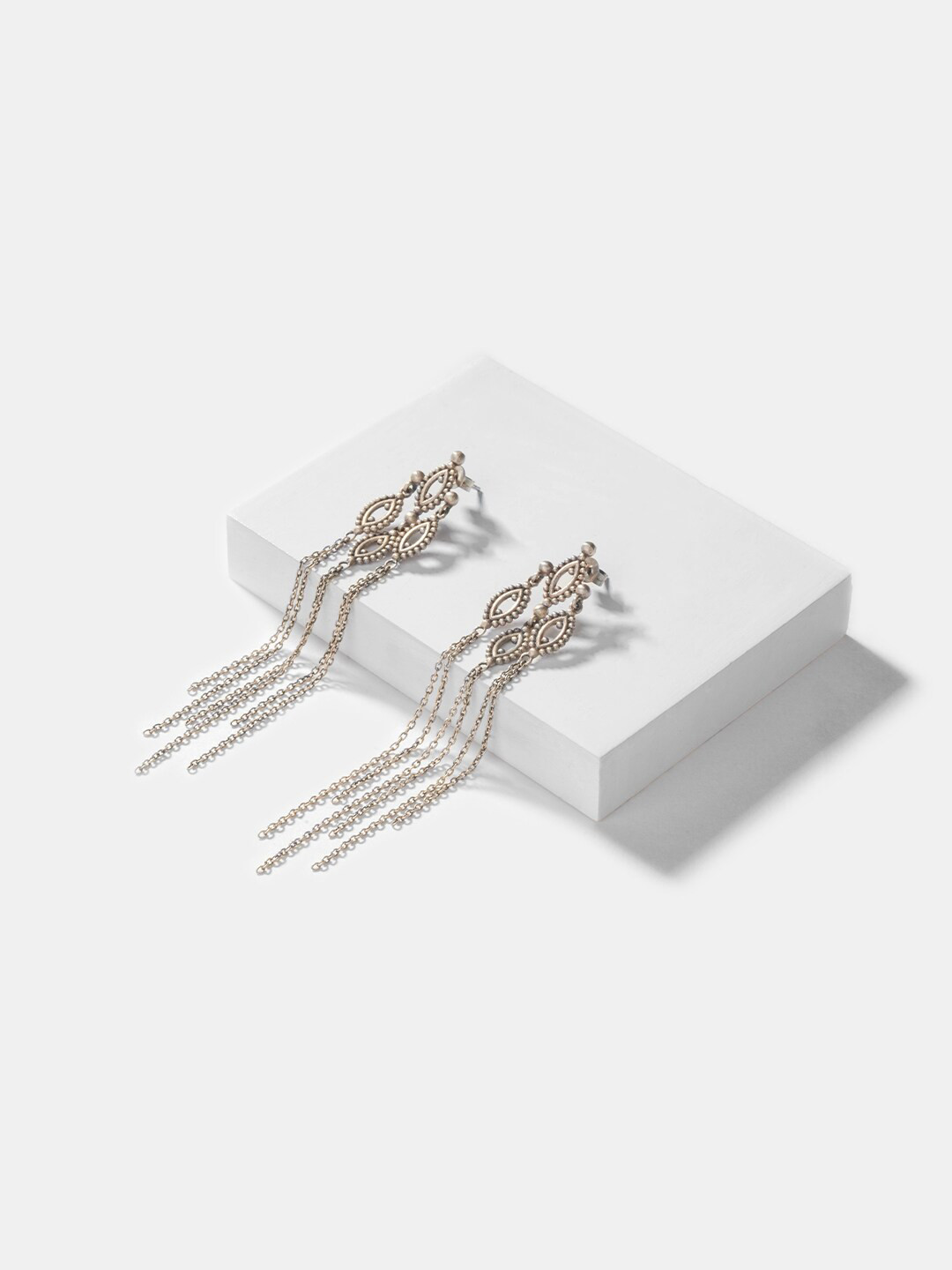 SHAYA 925 Silver Contemporary Oxidised Tasselled Drop Earrings