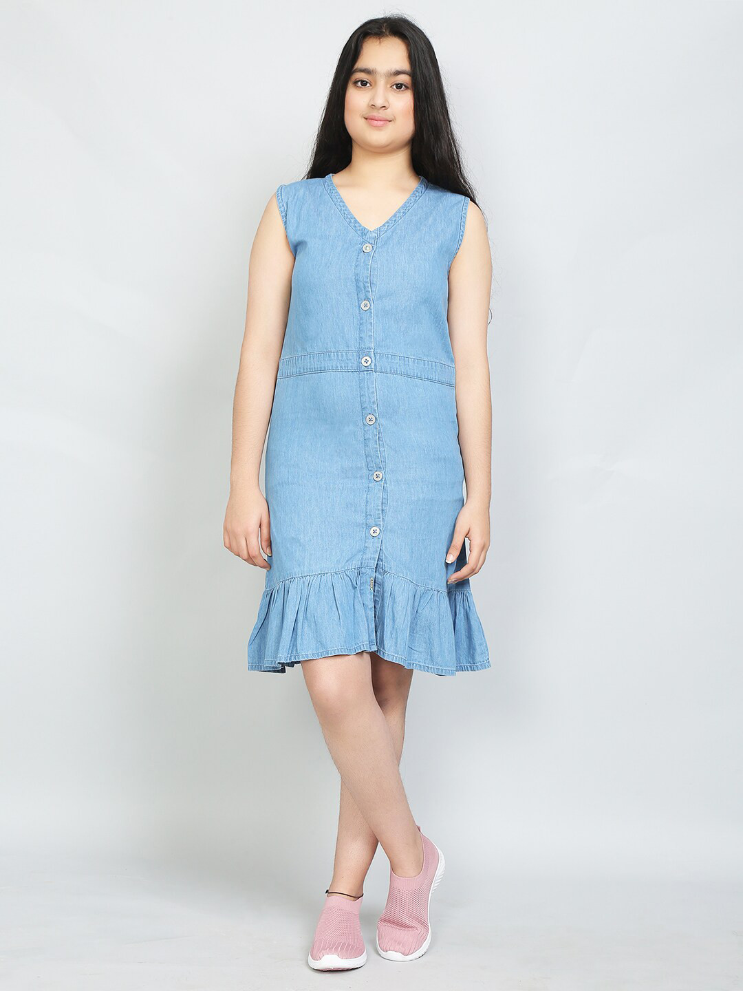 VYN V-Neck Cotton Denim A-Line Dress